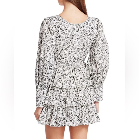 LoveShackFancy Paris Dandelion-Print Puff-Sleeve Mini A-Line Dress 2 Gray White - Picture 4 of 14
